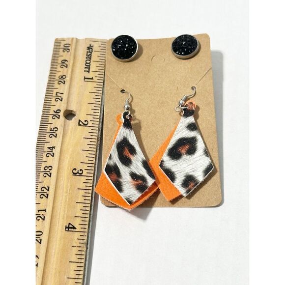 Leopard Print Vegan Leather Dangle & Crystal Round Earrings Orange Black 2 Pairs - Picture 4 of 7